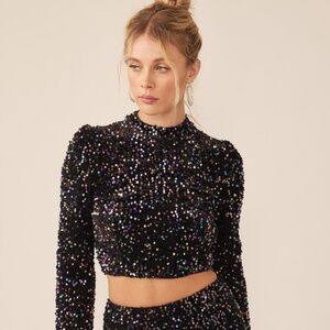 Velvet sequin embellished long sleeve crop top